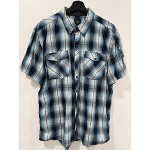 Harley Davidson Garage Snap Button Plaid Shirt Short Sleeve HDMC Blue XL